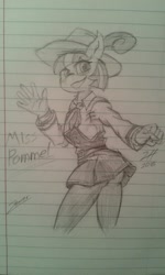 Size: 480x800 | Tagged: safe, artist:zemer, imported from derpibooru, coco pommel, anthro, blushing, female, grayscale, hat, lined paper, monochrome, solo, traditional art, waving