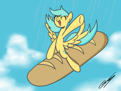 Size: 1400x1050 | Tagged: safe, artist:gearholder, imported from derpibooru, sunshower raindrops, pony, raindropsanswers, baguette, bread, dr. strangelove, eyes closed, falling, female, food, happy, open mouth, riding, smiling, solo, spread wings, that pony sure does love bread, wat, wtf