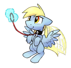 Size: 1489x1425 | Tagged: safe, artist:tallaferroxiv, imported from derpibooru, oc, oc only, oc:windswept skies, pegasus, pony, begging, braid, charm, collar, cute, floppy ears, implied princess luna, leash, levitation, magic, male, offscreen character, pet play, pet tag, simple background, sitting, smiling, solo focus, spread wings, stallion, tail wag, telekinesis, transparent background, wings, yellow eyes