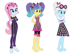 Size: 829x603 | Tagged: safe, artist:kimmyfinster2476pro, imported from derpibooru, photo finish, pixel pizazz, violet blurr, equestria girls, clothes, female, simple background, the snapshots, transparent background, trio, trio female