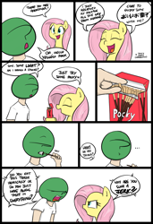 Size: 934x1365 | Tagged: safe, artist:shoutingisfun, imported from derpibooru, fluttershy, oc, oc:anon, human, pony, ..., :t, comic, dialogue, eating, eyes closed, female, flutterweeb, food, insult, jerk, looking at each other, male, mare, open mouth, otakushy, pocky, profile, speech bubble, yelling