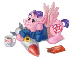 Size: 1266x1027 | Tagged: safe, artist:arimovergremrider, imported from derpibooru, pony, chubby, chubby cheeks, fake wings, food, kim jong-un, mug, north korea, nuclear weapon, pocky, politics, ponified, solo, weapon