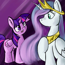 Size: 1200x1200 | Tagged: safe, artist:greenfinger, artist:parassaux, imported from derpibooru, princess celestia, twilight sparkle, twilight sparkle (alicorn), alicorn, pony, fanfic:the iron horse: everything's better with robots, big crown thingy, fanfic art, jewelry, regalia