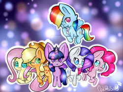 Size: 900x675 | Tagged: safe, artist:colirosablitz, imported from derpibooru, applejack, fluttershy, pinkie pie, rainbow dash, rarity, twilight sparkle, twilight sparkle (alicorn), alicorn, pony, chibi, mane six, watermark