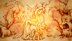 Size: 1600x900 | Tagged: safe, artist:sedrice, imported from derpibooru, fluttershy, pinkie pie, queen chrysalis, black vine, cover art, monochrome, scary tree, tree