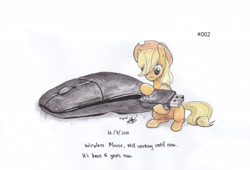 Size: 2480x1688 | Tagged: safe, artist:digiral, imported from derpibooru, applejack, female, micro, simple background, solo, traditional art, wireless mouse
