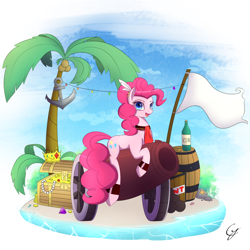 Size: 2000x2000 | Tagged: safe, artist:joe0316, artist:laptop-pone, imported from derpibooru, pinkie pie, earth pony, pony, alcohol, anchor, barrel, box, cannon, coconut, coconut tree, coin, crown, ear piercing, explosives, female, flag, food, gem, gold, jewelry, open mouth, palm tree, pearl necklace, piercing, pirate, regalia, rum, solo, tnt, treasure chest, tree, whiskey