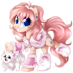 Size: 2451x2446 | Tagged: safe, artist:xnightmelody, imported from derpibooru, oc, oc only, oc:cream, oc:pompom merengue, dog, earth pony, pony, boots, clothes, cute, female, grin, looking at you, raised hoof, raised leg, saddle, simple background, smiling, solo, squee, transparent background, underhoof