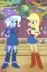 Size: 584x896 | Tagged: safe, artist:ilovesunsetshimmer99, artist:sketchmcreations, artist:themexicanpunisher, imported from derpibooru, applejack, trixie, equestria girls, boots, canterlot high, cape, clothes, cowboy boots, denim skirt, female, gymnasium, hat, lesbian, shipping, shoes, skirt, smiling, stage, tripplejack, wizard hat