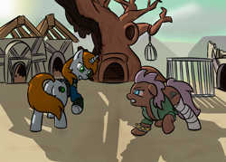 Size: 2800x2000 | Tagged: safe, artist:rockset, imported from derpibooru, oc, oc only, oc:littlepip, earth pony, pony, unicorn, fallout equestria, bandage, butt, cage, clothes, confrontation, cutie mark, dead tree, fanfic, fanfic art, female, golden oaks library, gritted teeth, hooves, horn, jumpsuit, looking at each other, mare, pipbuck, plot, ponyville, raider, raised hoof, teeth, tree, vault suit, wasteland