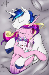 Size: 776x1200 | Tagged: safe, artist:silfoe, imported from derpibooru, princess cadance, princess flurry heart, shining armor, royal sketchbook, cuddle puddle, cuddling, cute, cutedance, drool, eyes closed, family, female, flurrybetes, happy, male, pony pile, shining adorable, shiningcadance, shipping, silfoe is trying to murder us, sleeping, smiling, straight