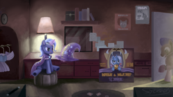 Size: 4000x2250 | Tagged: safe, artist:sycreon, imported from derpibooru, trixie, pony, unicorn, bedroom eyes, eyes on the prize, female, levitation, licking, licking lips, magic, mare, needle, open mouth, poster, sitting, smiling, smirk, stitching, telekinesis, thread, tongue out, trixie's cape, trixie's hat, underhoof, wand, watch