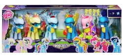 Size: 1523x696 | Tagged: safe, imported from derpibooru, derpy hooves, fluttershy, pinkie pie, rainbow dash, soarin', spitfire, pegasus, pony, cheerleader, clothes, female, mare, that one nameless background pony we all know and love, toy, wonderbolt trainee uniform, wonderbolts, wonderbolts uniform, wondershy