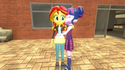 Size: 1360x768 | Tagged: safe, artist:mk513, imported from derpibooru, sci-twi, sunset shimmer, twilight sparkle, equestria girls, 3d, female, gmod, kissing, lesbian, scitwishimmer, shipping, sunsetsparkle