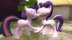 Size: 1360x768 | Tagged: safe, artist:mk513, imported from derpibooru, starlight glimmer, twilight sparkle, alicorn, pony, 3d, female, gmod, kissing, lesbian, mare, shipping, twilight sparkle (alicorn), twistarlight