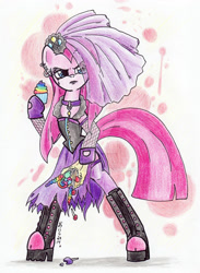 Size: 900x1231 | Tagged: safe, artist:oriwhitedeer, imported from derpibooru, pinkie pie, semi-anthro, can-can, clothes, dress, female, goth, pinkamena diane pie, punk, punkamena, punkie pie, skirt, solo, traditional art, watermark