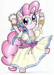 Size: 900x1254 | Tagged: safe, artist:oriwhitedeer, imported from derpibooru, pinkie pie, pony, friendship is witchcraft, bipedal, clothes, dress, female, gypsy pie, solo, traditional art