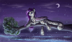 Size: 2400x1400 | Tagged: safe, artist:alina-sherl, imported from derpibooru, oc, oc only, big cat, cat pony, hybrid, original species, snow leopard, lake, moon, night, solo, stars, tree, tree branch, water