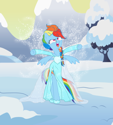 Size: 2000x2200 | Tagged: dead source, safe, artist:kodretta, artist:oriwhitedeer, imported from derpibooru, rainbow dash, pegasus, semi-anthro, alternate hairstyle, backwards cutie mark, bipedal, clothes, dress, elsa, female, frozen (movie), let it go, rainbow dash always dresses in style, snow, solo, winter