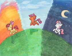 Size: 1920x1509 | Tagged: safe, artist:catscratchpaper, imported from derpibooru, apple bloom, scootaloo, sweetie belle, earth pony, pegasus, pony, unicorn, cutie mark crusaders, dawn, day, eyes closed, female, filly, foal, night, trotting