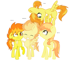 Size: 2381x2027 | Tagged: safe, artist:cheerfulgirlnamemira, imported from derpibooru, oc, oc only, oc:apple fire, oc:blazing fire, oc:breanna, oc:lightning burn, offspring, parent:braeburn, parent:spitfire, parents:spitburn, siblings