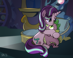 Size: 1371x1096 | Tagged: safe, artist:dsana, imported from derpibooru, spike, starlight glimmer, dragon, comforting, cute, female, hug, male, shipping, sparlight, spikelove, straight, teary eyes, twilight's castle