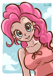 Size: 2480x3508 | Tagged: safe, artist:miku sky, imported from derpibooru, pinkie pie, human, the ticket master, breasts, busty pinkie pie, cleavage, clothes, cute, diapinkes, female, human coloration, humanized, looking at you, scene interpretation, smiling, solo, tanktop