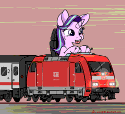 Size: 1100x1000 | Tagged: safe, artist:orang111, imported from derpibooru, starlight glimmer, pony, unicorn, animated, cute, db br 101, deutsche bahn, driving, female, glimmerbetes, locomotive, lol, open mouth, smiling, solo, the ride never ends, train