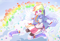 Size: 1800x1246 | Tagged: safe, artist:pika-chany, imported from derpibooru, rainbow dash, equestria girls, colored pupils, female, looking at you, ponied up, pony ears, solo