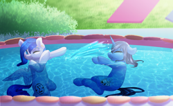 Size: 1280x782 | Tagged: safe, artist:smallandnaughty, imported from derpibooru, oc, oc only, oc:sapphire sights, oc:silver lining, pegasus, pony, unicorn, cute, swimming pool, water