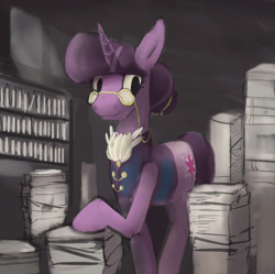 Size: 2208x2202 | Tagged: safe, artist:php64, imported from derpibooru, twilight sparkle, pony, unicorn, book, bookhorse, clothes, female, glasses, librarian, looking at you, pile of books, solo, unicorn twilight