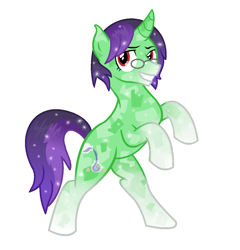 Size: 1200x1252 | Tagged: safe, artist:monkfishyadopts, imported from derpibooru, oc, oc only, oc:crescent star, crystal pony, pony, unicorn, crystal unicorn, female, glasses, horn, male, simple background, smiling, solo, stallion, unicorn oc, white background