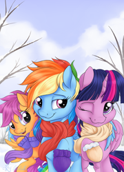 Size: 864x1200 | Tagged: safe, artist:nobody47, imported from derpibooru, rainbow dash, scootaloo, twilight sparkle, alicorn, pony, fanfic:i'll always be here for you, bundled up, clothes, cute, cutealoo, dashabetes, female, i'll always be here for you, lesbian, mare, mittens, one eye closed, open mouth, raised hoof, redux, scarf, scootalove, shipping, twiabetes, twidash, twilight sparkle (alicorn), winter outfit