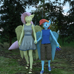 Size: 2400x2400 | Tagged: safe, artist:jawolfadultishart, imported from derpibooru, fluttershy, rainbow dash, anthro, plantigrade anthro, 3d, clothes, daz studio, dress, feet, female, flutterdash, holding hands, lesbian, sandals, shipping