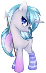 Size: 837x1337 | Tagged: safe, artist:sugguk, imported from derpibooru, oc, oc only, oc:northern lights, clothes, socks, solo, spear, striped socks, weapon