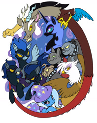 Size: 1000x1267 | Tagged: safe, artist:vertizontal, imported from derpibooru, descent, discord, fido, gilda, nightmare moon, nightshade, rover, spot, trixie, diamond dog, draconequus, griffon, pegasus, pony, unicorn, action poster, antagonist, clone, female, male, mare, shadow surprise, shadowbolts, shadowbolts uniform, stallion