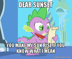 Size: 554x454 | Tagged: safe, edit, edited screencap, imported from derpibooru, screencap, spike, sunset shimmer, dragon, friendship is magic, caption, image macro, letter, makeameme.org, male, meme, quill, spike's love letters, tongue out