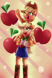 Size: 2000x3000 | Tagged: safe, artist:discorded, imported from derpibooru, applejack, equestria girls, boots, clothes, cowboy boots, cowboy hat, cute, denim skirt, hat, human ponidox, jackabetes, open mouth, paradox, piggyback ride, ponies riding humans, riding, self ponidox, self riding, skirt, stetson