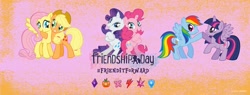 Size: 1656x630 | Tagged: safe, imported from derpibooru, applejack, fluttershy, pinkie pie, rainbow dash, rarity, twilight sparkle, alicorn, pony, elements of harmony, friendship day, jewelry, mane six, official, regalia, stock vector, twilight sparkle (alicorn)