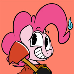 Size: 500x500 | Tagged: safe, alternate version, artist:pink-dooples, imported from derpibooru, pinkie pie, axe, crossover, female, menacing, pinkie pyro, red background, simple background, smiling, solo, team fortress 2, weapon