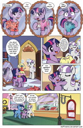 Size: 1200x1845 | Tagged: safe, artist:muffinshire, imported from derpibooru, night light, twilight sparkle, twilight velvet, pony, unicorn, comic:twilight's first dance, anvil, clothes, comic, crying, dialogue, dress, farrier, filly, filly twilight sparkle, floppy ears, horseshoes, muffinshire is trying to murder us, speech bubble, tears of pain, undersized clothes