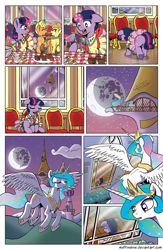 Size: 1200x1845 | Tagged: safe, artist:muffinshire, imported from derpibooru, princess celestia, twilight sparkle, oc, oc:lemon burst, oc:orange twist, alicorn, pony, unicorn, comic:twilight's first dance, cake, clothes, comic, dress, female, filly, filly twilight sparkle, floppy ears, food, mare in the moon, moon, moon work, no dialogue, punch (drink), punch bowl, sad, skirt, stain