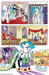 Size: 1200x1845 | Tagged: safe, artist:muffinshire, imported from derpibooru, princess celestia, raven, twilight sparkle, oc, oc:lemon burst, oc:orange twist, oc:swirling star, alicorn, earth pony, pony, unicorn, comic:twilight's first dance, clothes, comic, dress, dumbfounded, female, filly, filly twilight sparkle, majestic as fuck, mare in the moon, moon, no dialogue, overdressed, sad, sillestia, surprised