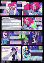 Size: 2480x3508 | Tagged: safe, artist:duop-qoub, imported from derpibooru, pinkie pie, rainbow dash, spike, starlight glimmer, twilight sparkle, twilight sparkle (alicorn), alicorn, anthro, dragon, pegasus, plantigrade anthro, unicorn, comic:anomaly11, comic, cutie map, sunburst background