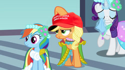 Size: 640x360 | Tagged: safe, edit, edited screencap, imported from derpibooru, screencap, applejack, rainbow dash, rarity, earth pony, pegasus, pony, unicorn, cap, clothes, dress, eyeshadow, flower, gala dress, handkerchief, hat, maga hat, magic, make america great again, makeup, mouthpiece, politics, telekinesis, wavy mouth