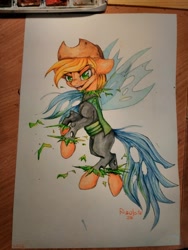 Size: 2448x3264 | Tagged: dead source, safe, artist:rizolate, imported from derpibooru, applejack, queen chrysalis, changeling, changeling queen, character to character, fake applejack, female, floppy ears, grin, shapeshifting, smiling, solo, traditional art, transformation