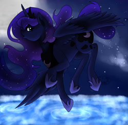 Size: 824x800 | Tagged: safe, artist:thecrystaleevee, imported from derpibooru, princess luna, female, flying, moon, night, ripple, solo, water