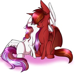 Size: 894x894 | Tagged: safe, artist:crimsonnight888, imported from derpibooru, oc, oc only, oc:blaze emberbreath, oc:waffles, bat pony, pegasus, pony, couple, cuddling, cute, female, long mane, male, nuzzling, snuggling, straight, wafflaze