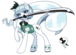 Size: 1280x931 | Tagged: safe, artist:san tu ya meng, imported from derpibooru, pony, horseshoes, katana, konpaku youmu, mouth hold, pixiv, ponified, simple background, solo, sword, touhou, transparent background, weapon