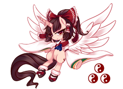 Size: 1280x931 | Tagged: safe, artist:san tu ya meng, imported from derpibooru, oc, oc only, alicorn, pony, alicorn oc, hakurei reimu, horseshoes, pixiv, ponified, simple background, solo, touhou, transparent background